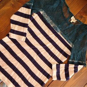 Anthropology Deletta Teal Lace and Navy Striped Blouse